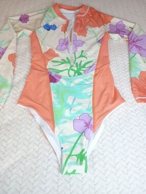 Free People Paper London Women XS Floral Print Long Sleeve Lined Swimsuit